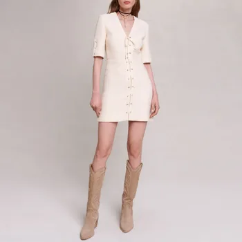 VII 2023, Осенне-зимние полосатые твидовые Элегантные модные вечерние Белые Длинные платья для женщин, Женская одежда с бесплатной доставкой