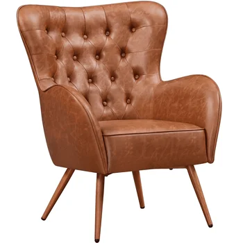 Винтажный стул с акцентом из искусственной кожи с бриллиантовой кнопкой для гостиной, коричневый
