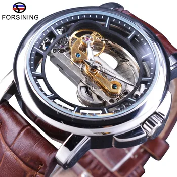 Мужские часы Forsining, лучший бренд класса Люкс, с автоматическим автоподзаводом, Коричневый ремешок из натуральной кожи, Водонепроницаемые механические наручные часы