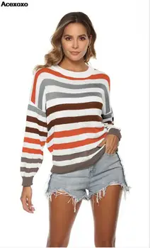 Осенне-зимний повседневный свободный женский свитер в полоску, модный цвет в тон