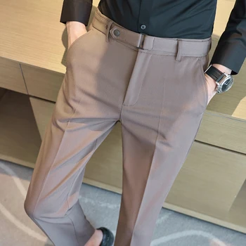 Темные осенне-зимние мужские официальные брюки 2023, новый модный дизайн ремня, мужские простые приталенные деловые повседневные универсальные брюки